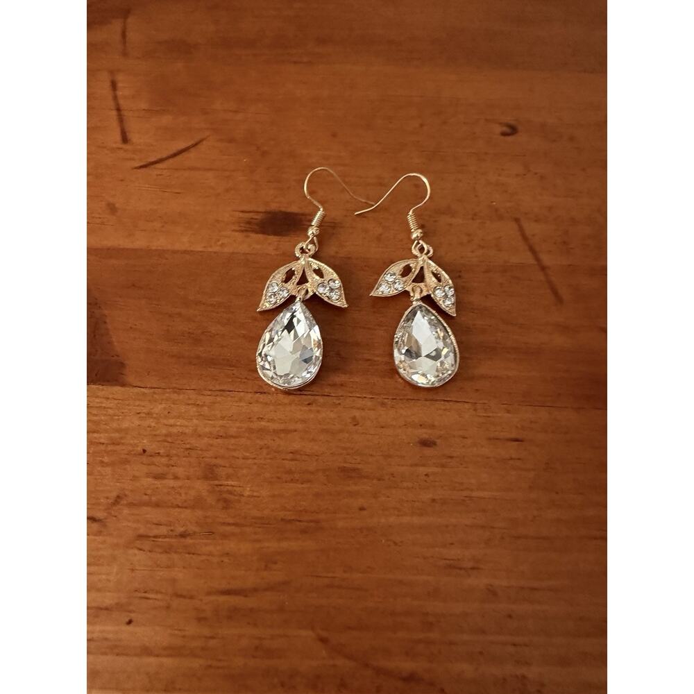 Gold Plated Leaf Crystal Teardrop Dangle Earrings Bridal Prom Statement